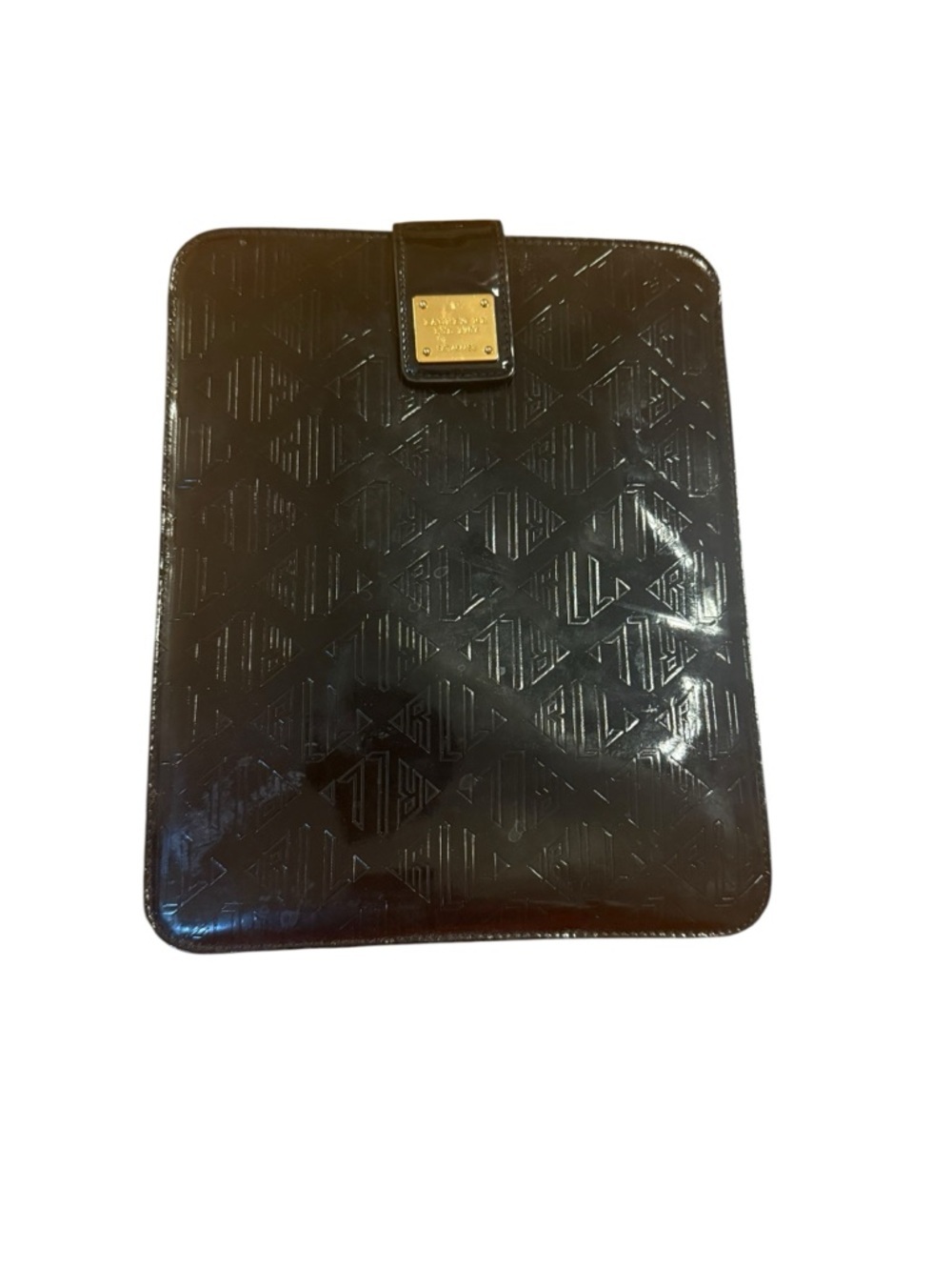 Ralph Lauren Black Patent Tablet Sleeve with Gold Plate Accent